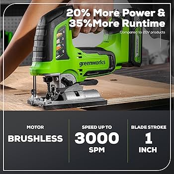 Greenworks 24V Brushless Cordless Jig Saw,3000 SPM,1 Inch